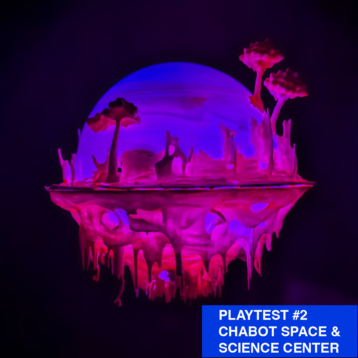A planet sculpture that has drippy bits and is illuminated